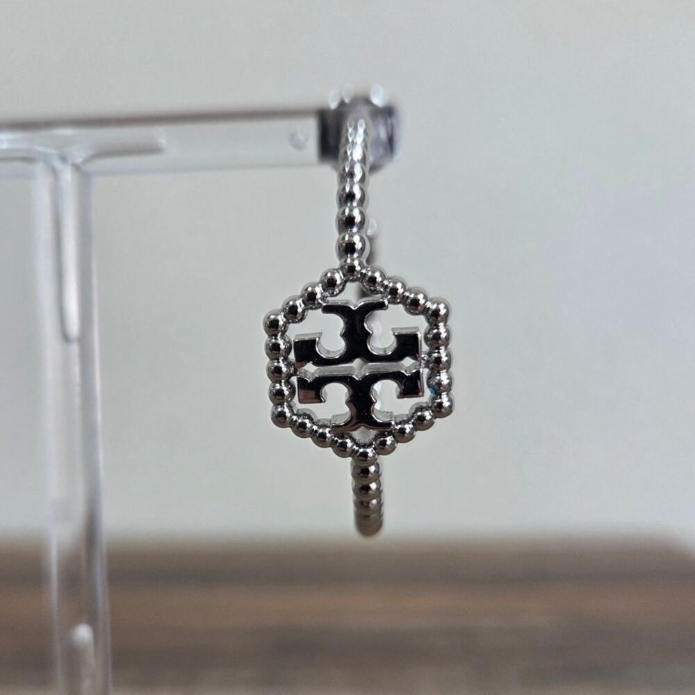 Tory Burch Silver Milgrain Hexagon Double T Logo Hoop Earrings - Picture 5 of 6